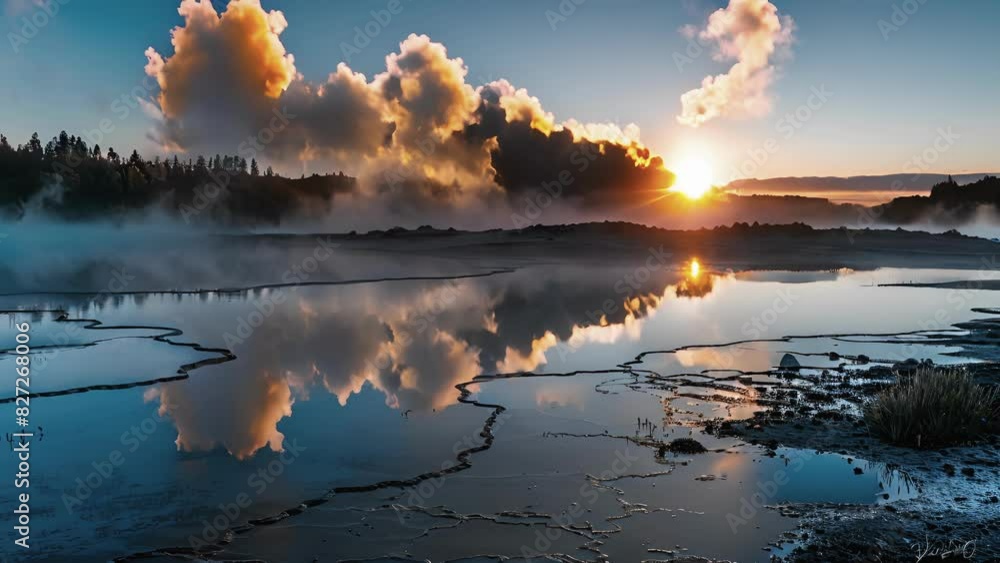 Poster a peaceful serene lake with bubbling geysers and steaming soil surrounding it making it seem like a 
