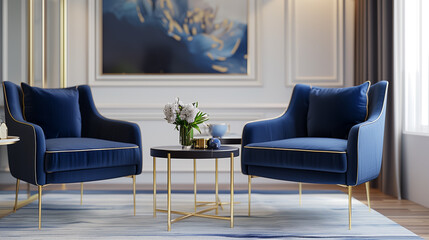 stylish navy blue accent chairs with gold legs or detailing, adding a pop of color to the transitional living room.