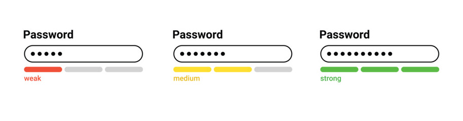 Password weak, medium, strong interface. Password website template. Digital security bar interface