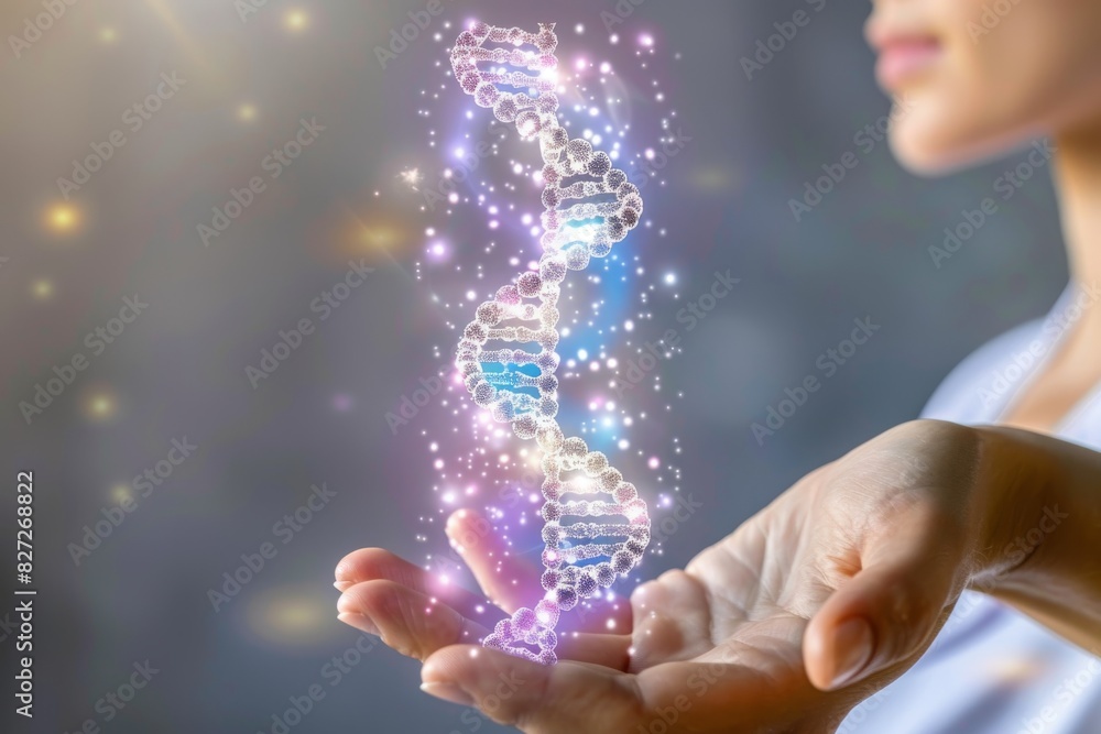 Poster glowing dna helix in a hand, sparkling bokeh background, ethereal and futuristic science