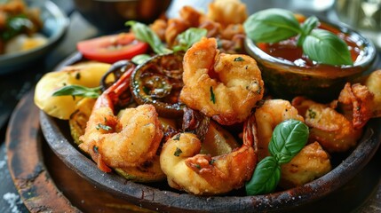 Fototapeta premium Crispy fried vegetables and fruits, golden and delicious, perfect for a healthy and indulgent snack option