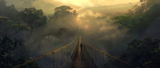 A wide, long rope bridge with an adult walking on it at sunrise in the jungle.