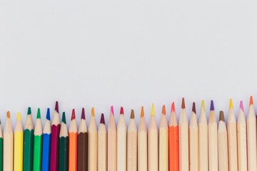 Crayons are arranged perfectly on a clean, white surface. This creates a composition that looks beautiful and orderly.