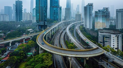Fototapeta premium Elevated expressway winding through a major city, surrounded by skyscrapers and urban architecture