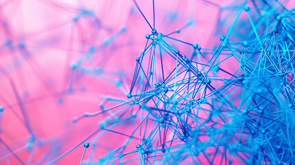 A complex web of bright blue lines and dots sprawls across a soft pink background, creating a contrast that is both striking and elegant. The ultra-high-definition image captures the essence of futuri