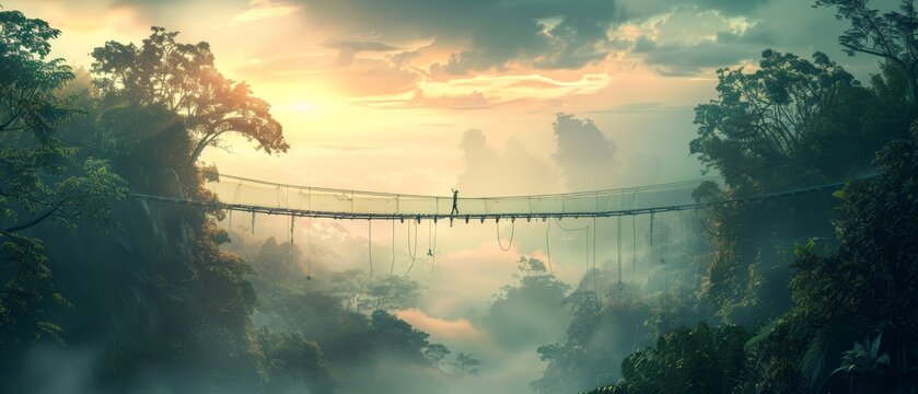 Fototapeta A wide, long rope bridge with an adult walking on it at sunrise in the jungle.