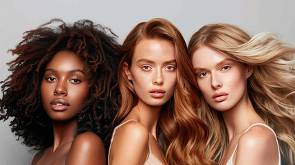 Haircare for women involves haircuts that promote growth, change, and overall well-being. Models showcase salon treatments and styling techniques on a gray background.