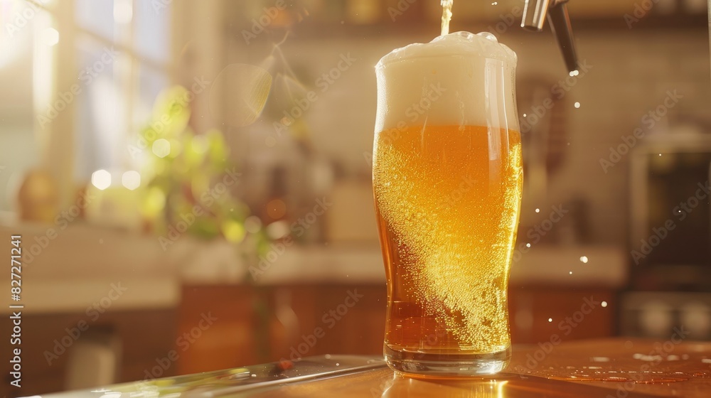 Poster golden beer flowing into a glass with a frothy head, creating a refreshing and inviting scene