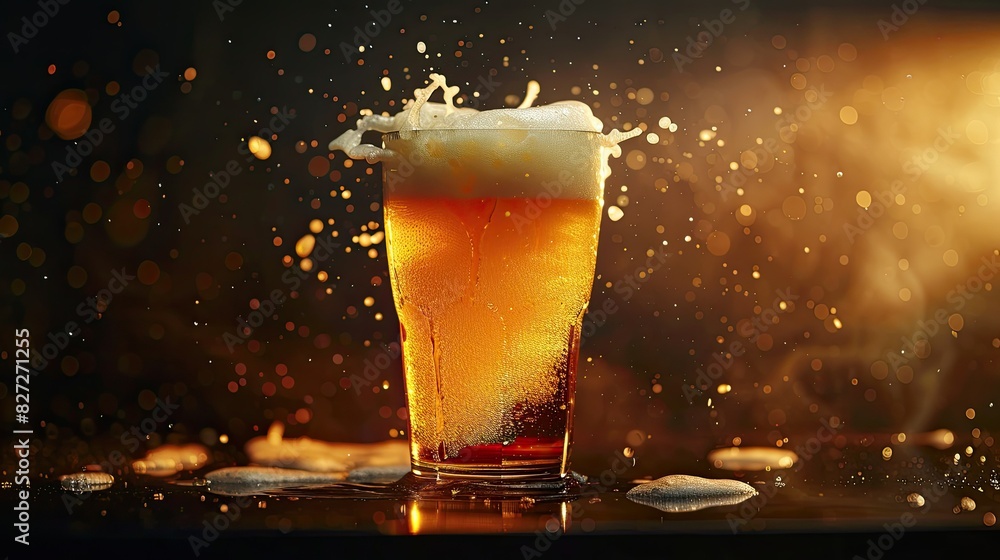 Poster golden beer flowing into a glass with a frothy head, creating a refreshing and inviting scene