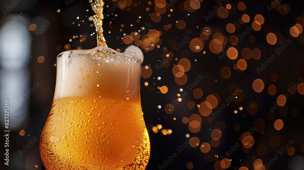 Poster golden beer flowing into a glass with a frothy head, creating a refreshing and inviting scene