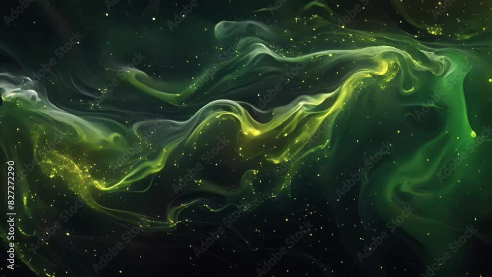 Poster glowing tendrils of green and yellow float in the otherwise dark ocean waters. the tiny phytoplankto
