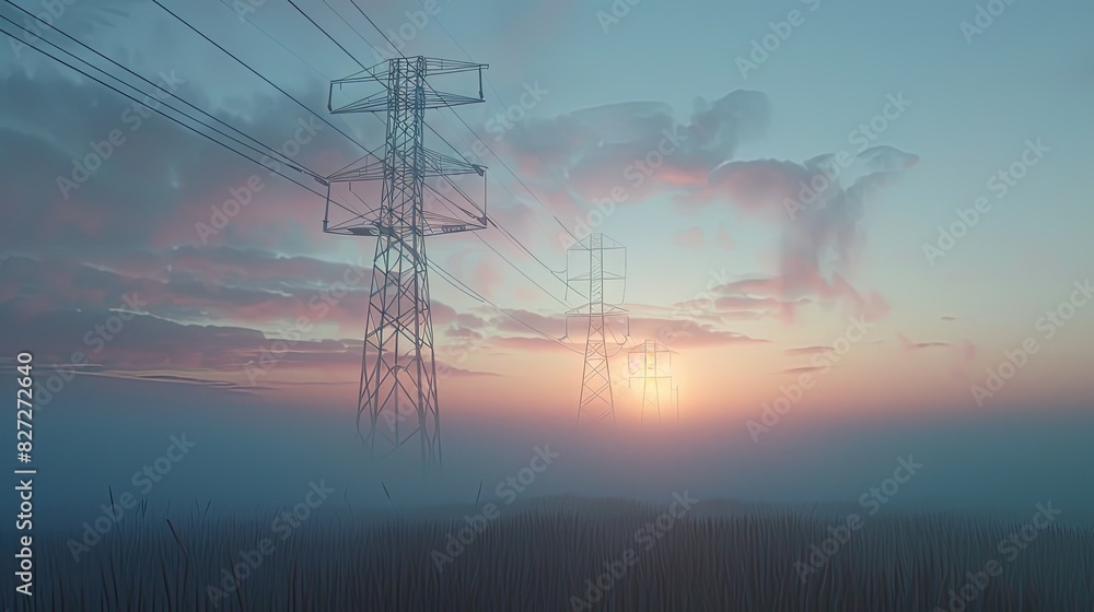 Poster high-voltage pylons standing in a misty field at dawn, with soft light creating an atmospheric effec