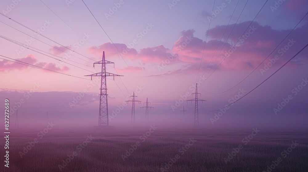Poster high-voltage pylons standing in a misty field at dawn, with soft light creating an atmospheric effec
