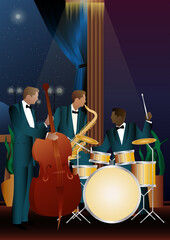 Jazz musicians near the Balcony. Double bass, saxophone, drum. Musicians play musical instruments