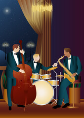 Jazz musicians near the Balcony. Double bass, saxophone, drum. Musicians play musical instruments