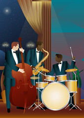 Fototapeta premium Jazz musicians near the Balcony. Double bass, saxophone, drum. Musicians play musical instruments