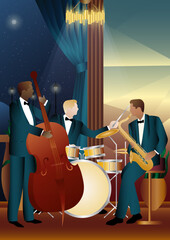 Jazz musicians near the Balcony. Double bass, saxophone, drum. Musicians play musical instruments