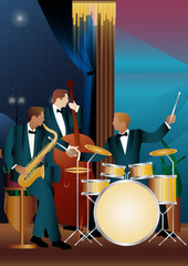 Jazz musicians near the Balcony. Double bass, saxophone, drum. Musicians play musical instruments