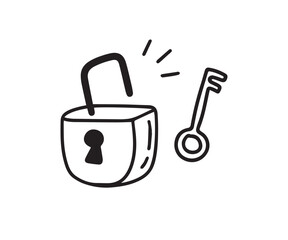 doodle lock and key. Hand drawn sketch style. Protection, Isolated key to solving the problem