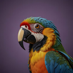 Fototapeta premium a macaw in a side profile pose, showcasing a sharp yellow suit and trendy violet horn-rimmed glasses.