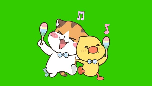  Animated Cat and Duck Dancing Together on Green Screen