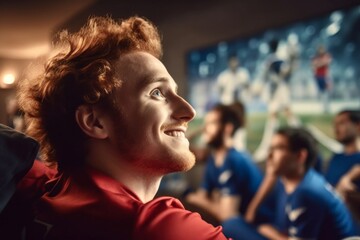 portrait of a happy young man watching sports match with friends at home