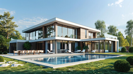 Naklejka premium Modern luxury house with swimming pool and landscaped plot