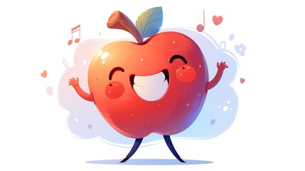 An adorable apple character is depicted in a 2d illustration either dancing to music with maracas or embodying a musical theme This charming concept features a white isolated background in 