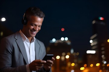 Portrait Of A Smiling Businessman Using A Mobile Phone And Wireless Earphones In The City At Night