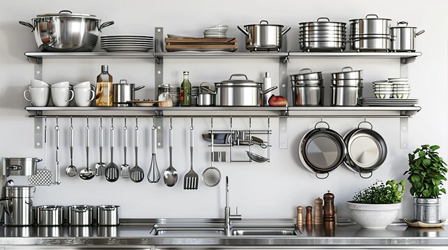 Neatly arranged stainless steel shelves in the kitchen, housing various cookware and kitchen gadgets for easy access