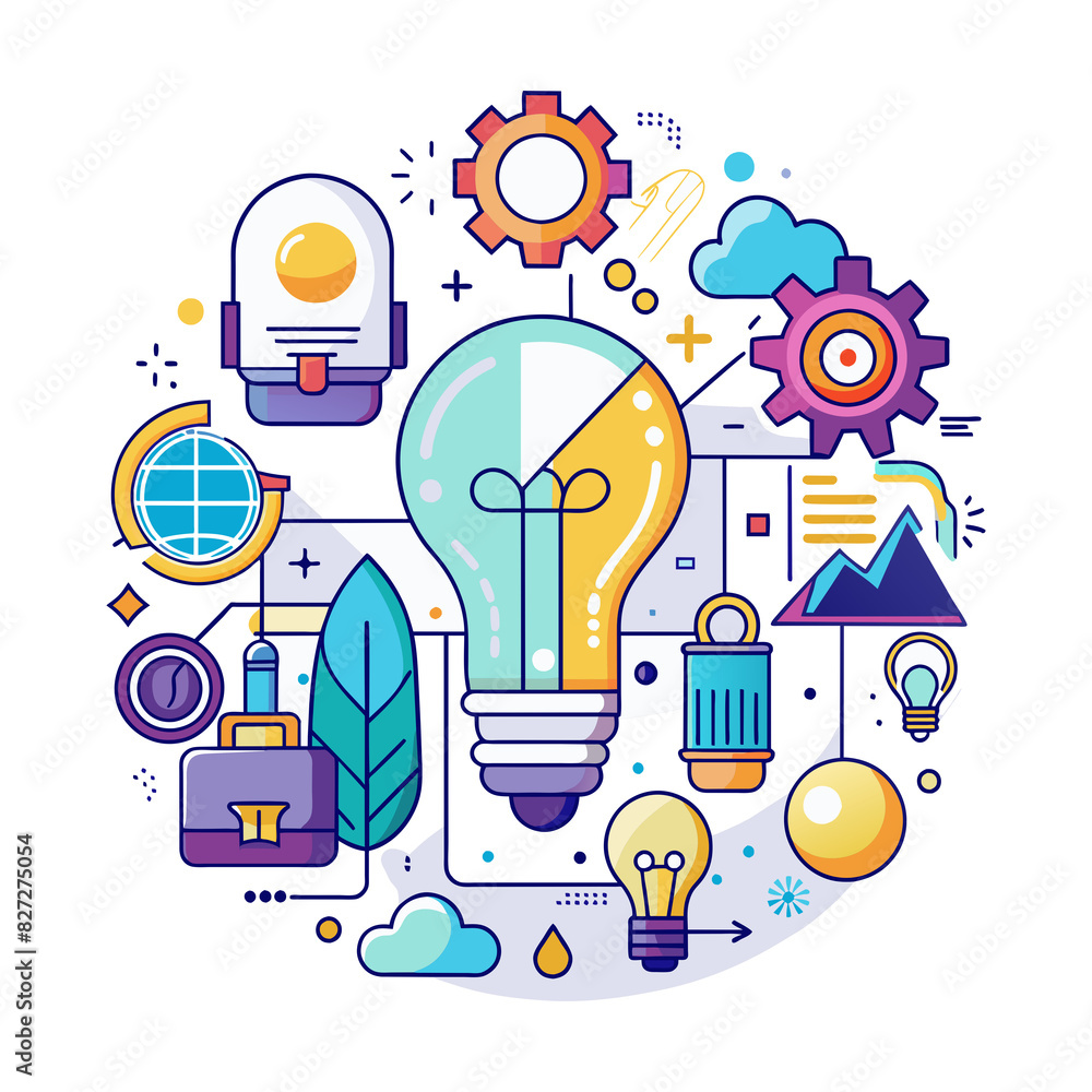 Aufkleber gear brain: creativity and problem solving a cartoon light bulb surrounded by gears represents creat