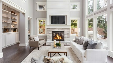 Cozy Modern Living Room with Large Windows and Fireplace in Bright Setting