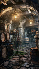 Rustic Wine Cellar with Wooden Barrels, Vintage Casks, and Dimly Lit Warm Atmosphere