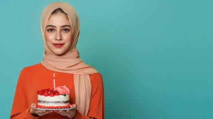 Teenage Muslim woman in hijab holding birthday cake with candle