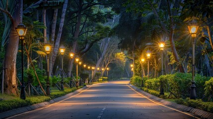 Quiet village roads illuminated by street lamps, creating a serene and inviting atmosphere for residents