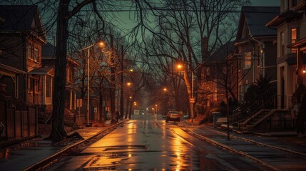Obraz premium Residential street bathed in the gentle glow of streetlights, creating a welcoming atmosphere for local residents
