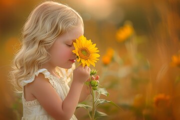 Naklejka premium Young girl peeking behind sunflower in sunny field with ample space for text placement