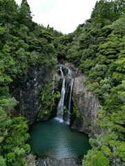 Scenic view of Kitekite Falls surrounded by lush greenery. New Zealand