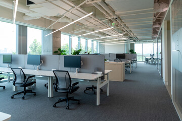 Interior of modern empty office building.Open ceiling design.Equipped with automatic lifting table...