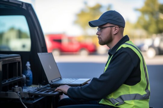 task management and organizational capabilities skill in a field service engineer. a male field service engineer using a laptop on a car roof to diagnose equipment problems and determine 
