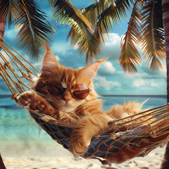 A beautiful red cat in sunglasses sleeps on a hammock against the background of palm trees, generation ai