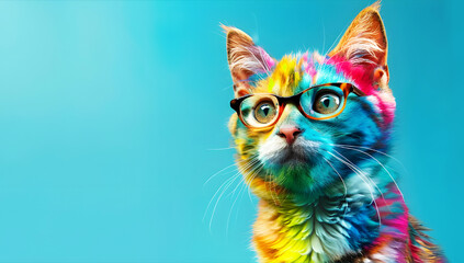 Banner with a multi-colored bright cat in glasses on a blue background, generation ai