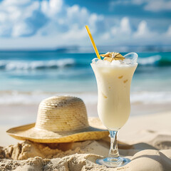 Chilled pina colada cocktail and straw hat on a beach background, generation ai
