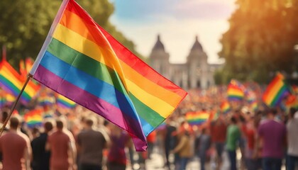 a waving LGBT flag against the backdrop of a Queer Pride Month procession parade, many people at a rally big city, gay, the fight against homophobia