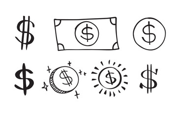 Dollar doodle sign symbol set. Hand drawn Dollar icon. money brushstrokes punctuation