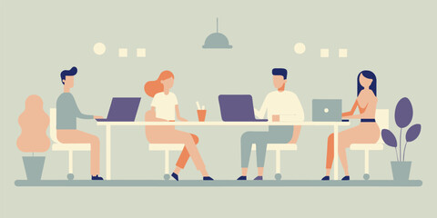 Flat illustration of an office environment featuring four people working on computers, collaborating and discussing business matters in a modern, minimalistic workplace setting