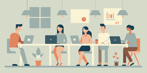 Contemporary and diverse modern office workflow illustration with people working together in a professional and stylish corporate setting using technology and collaboration for efficiency and product