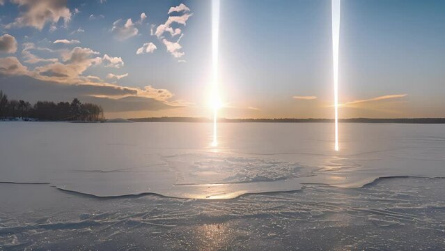 The sun dogs creating a mirror effect on a frozen lake doubling the brilliance of the sky above.