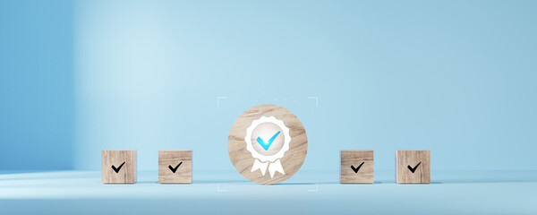 Certificate guarantee icon on wooden cube, ISO certification and standardization concepts....