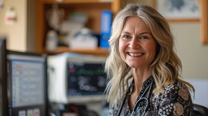 Middle-aged female clinician smiling while using telehealth technology